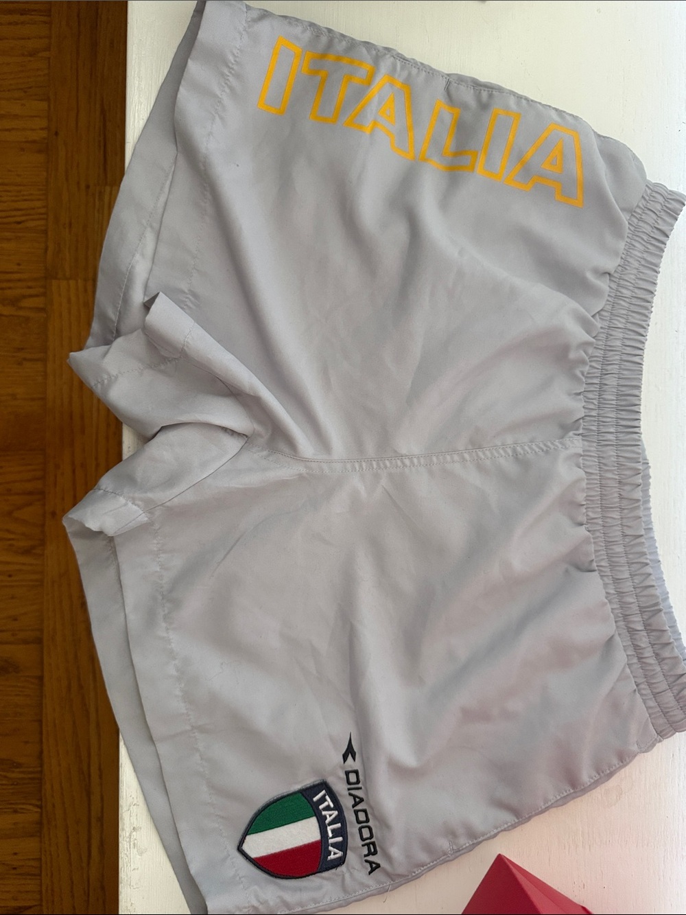 Diadora Men's Light Gray Athletic Swim Shorts with Yellow 'ITALIA' Print